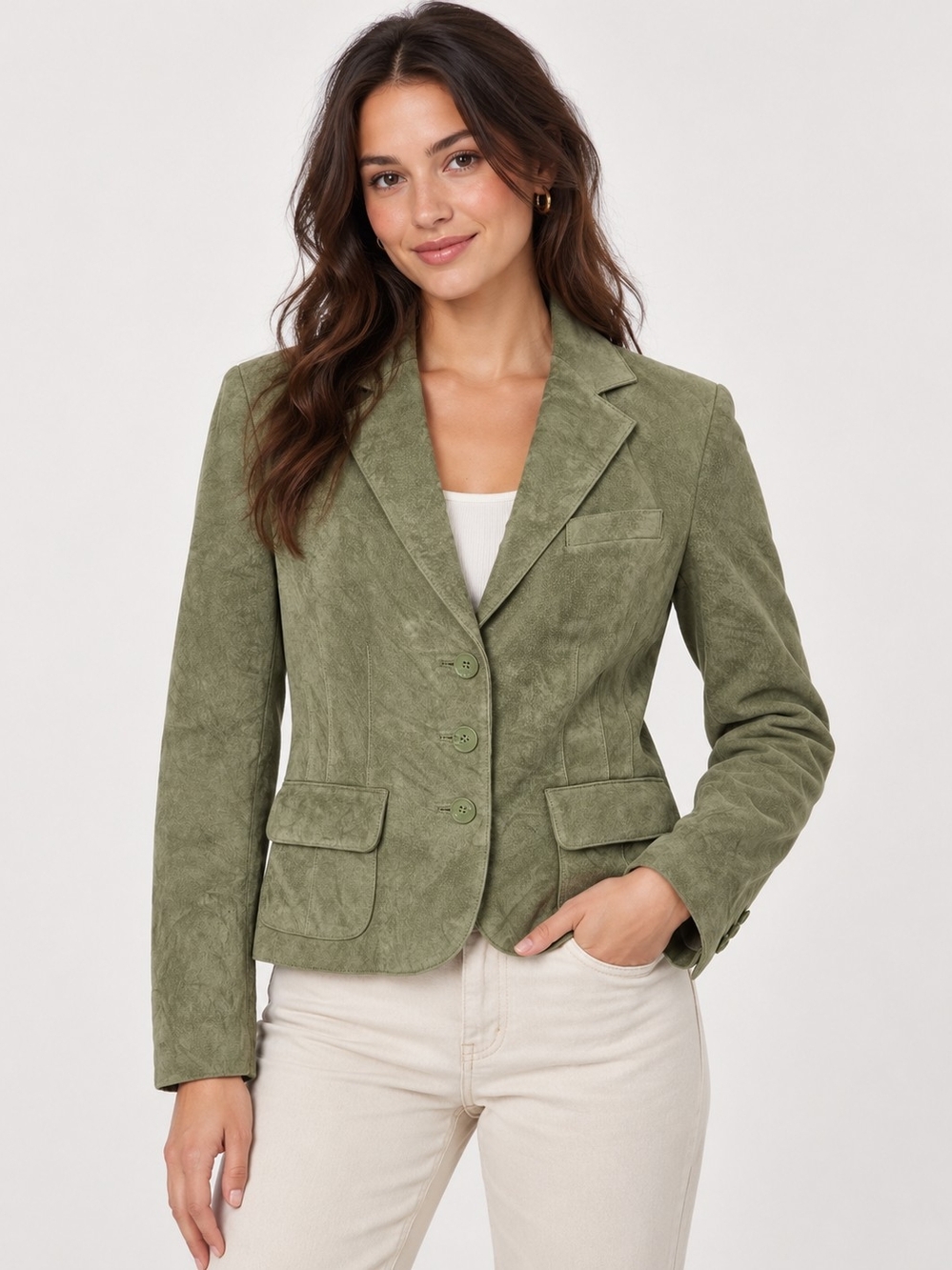 Valerie Stevens 100% Leather Olive Suede Tailored Blazer